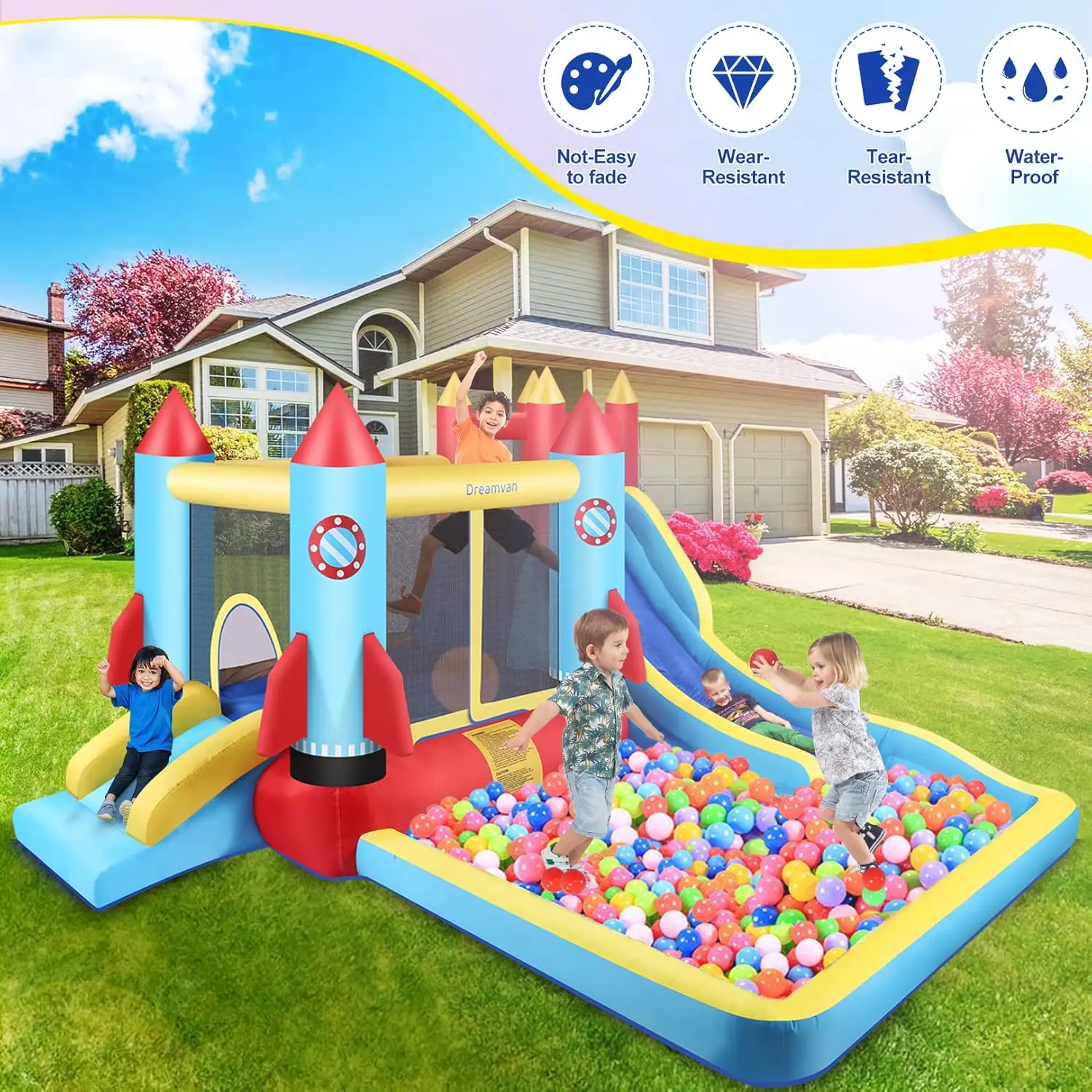 Bounce House dla dzieci 13x11 stóp zewnętrzny dmuchany dom z dmuchawą zamek do skakania ścianką wspinaczkową ze zjeżdżalnią wodną i pluskiem basenu,