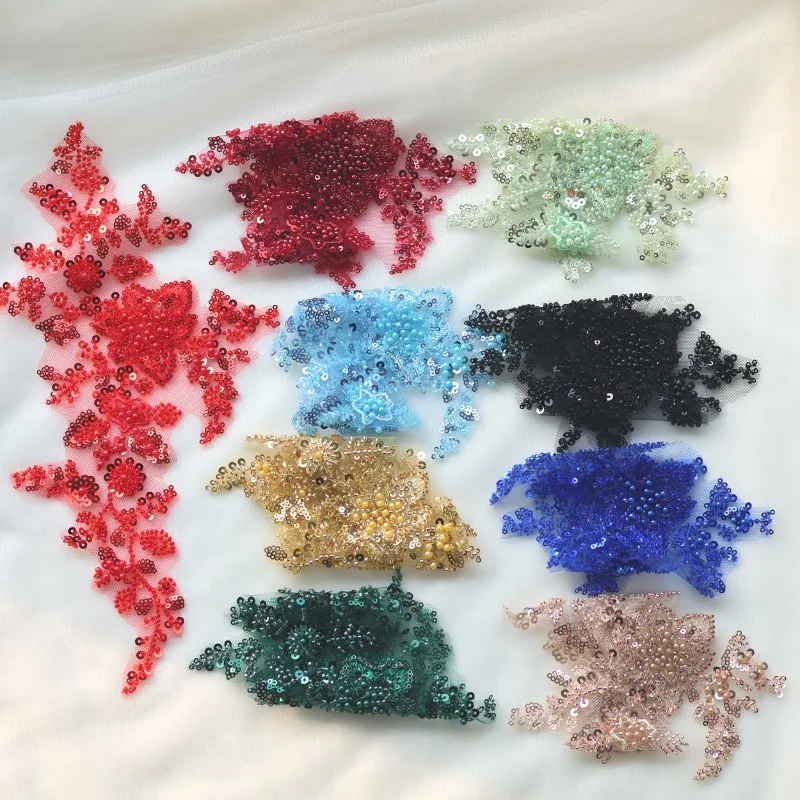3Pairs Colorful Bead Embroidery Flower Appliques Beadwork for Wedding Dresses Dance Costumes DIY Heavy - Duty Design Accessories