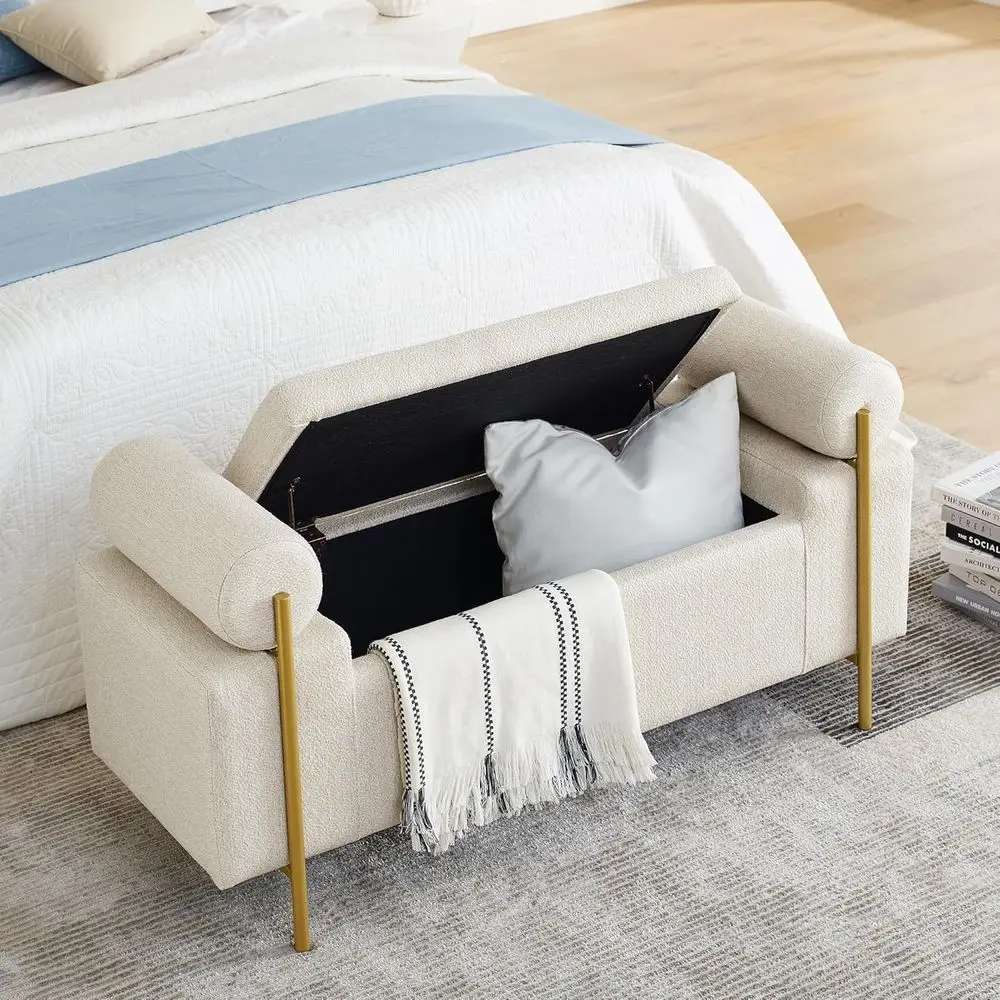 Contemporary Beige Upholstered Ottoman with Gold Legs, Armrest Bench for Entryway, Living Room, Bedroom image 3