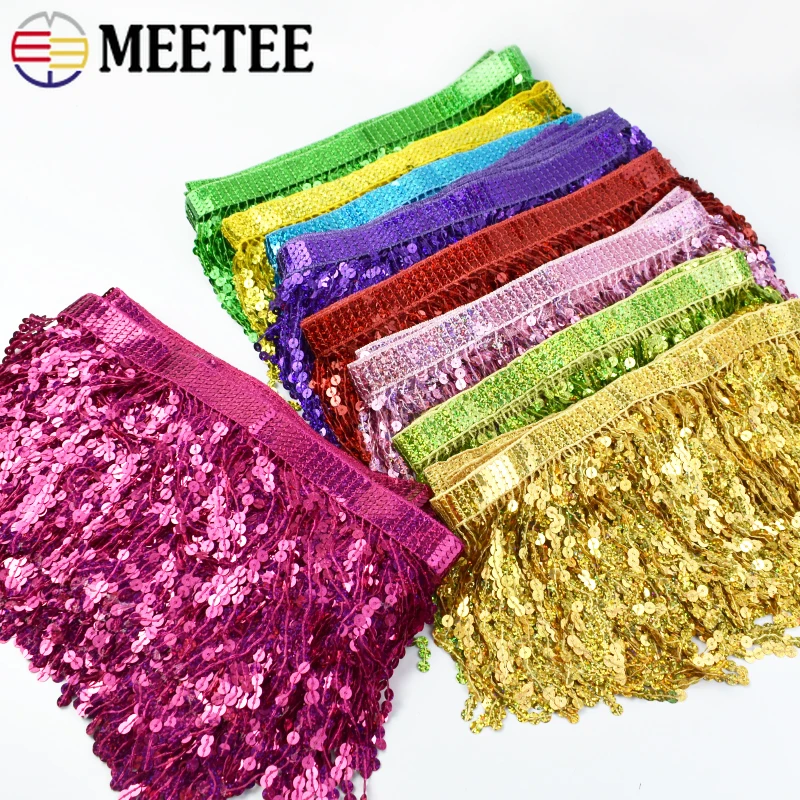 

Meetee 16cm Sequin Tassel Fringe Trim Lace Fabric Ribbon Latin Dress Clothing Decoration Craft DIY Sewing Accessory,2/5/9Meters