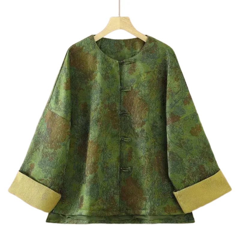Elegant Women Jacquard Chinese Style Blouse, Round Collar Patchwork Long Sleeve Cheongsam Top with Vintage Frog Buttons
