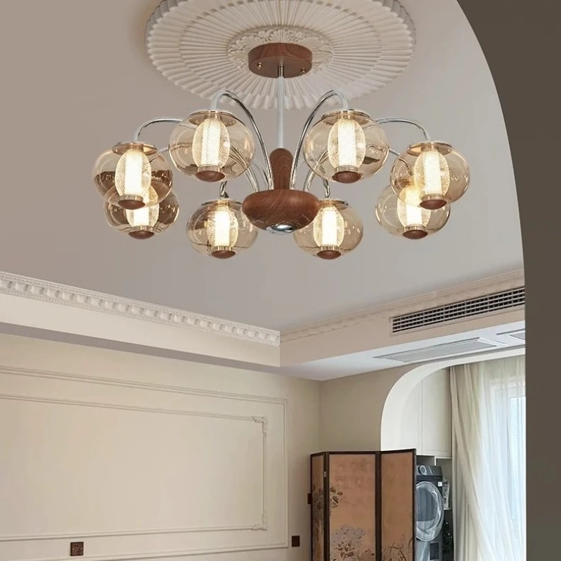 French Vintage Multi-Heads Glass Ceiling Chandeliers LED Lamps Living Room Decor Restaurant Walnut Color Study Bedroom Art Light