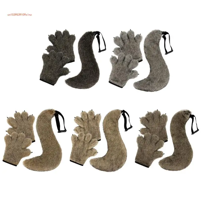 

Halloween Costume Set Wolf Tail Furry Gloves Animal Tail Plush Gloves for Party