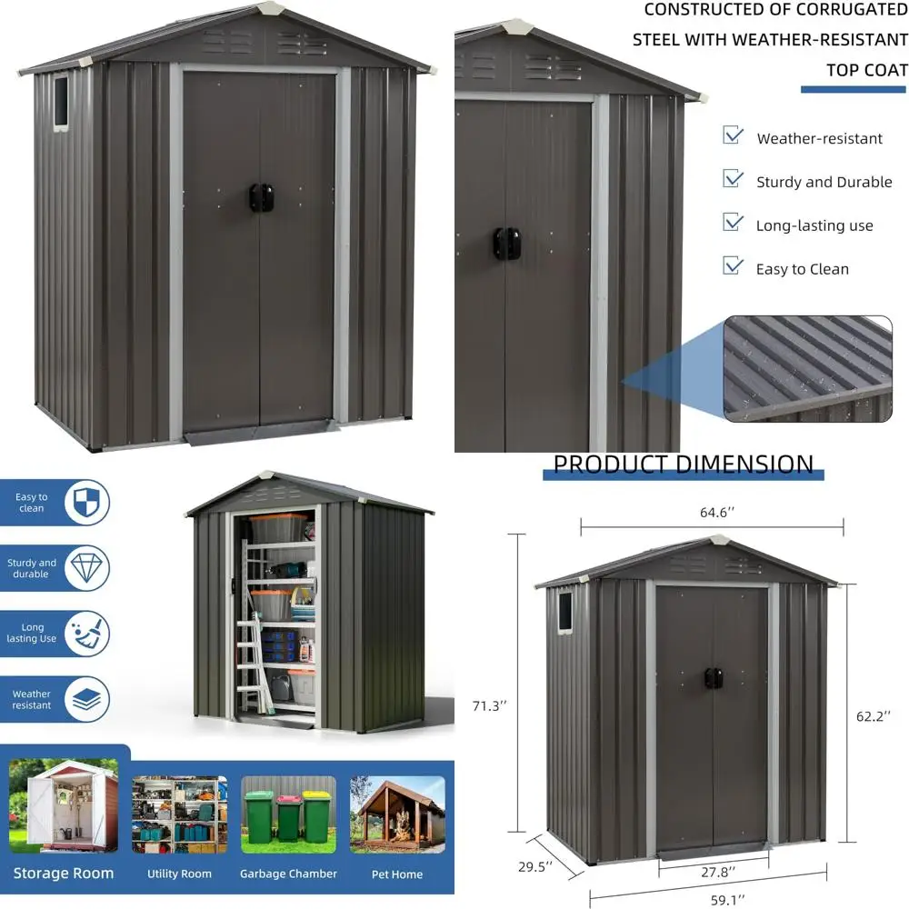 5x3 Foot Metal Outdoor Garden Storage Shed with Waterproof Design, Window, and Lockable Double Doors for Weather Resistance