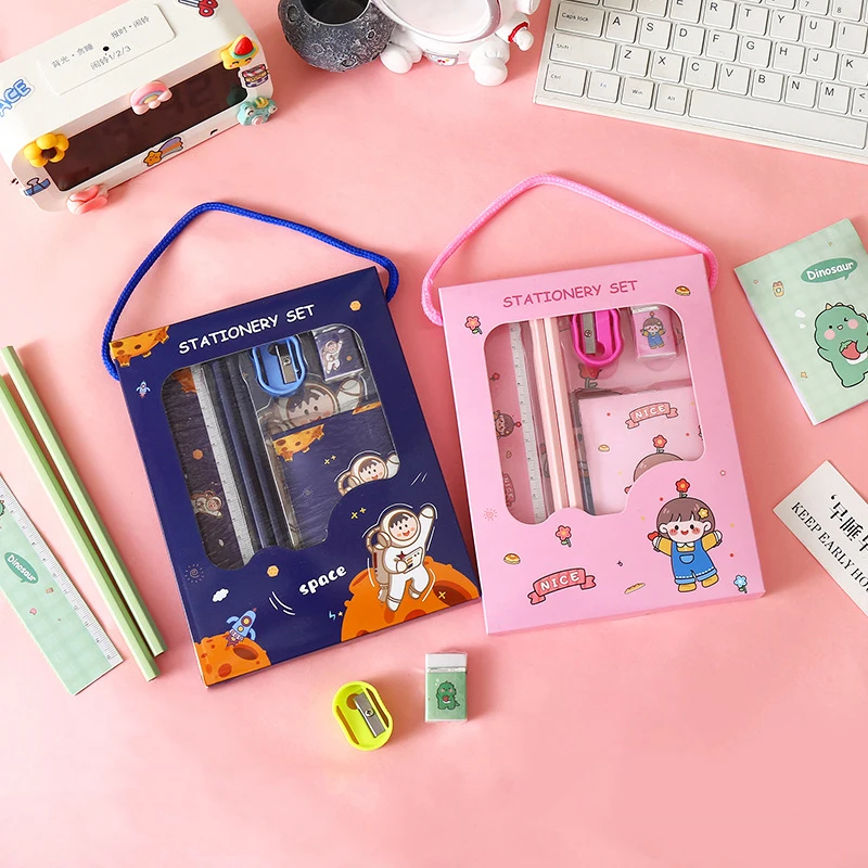 6 pçs criativo crianças conjunto de papelaria dos desenhos animados apontador de lápis borracha nota livro régua lápis kawaii material escolar presentes