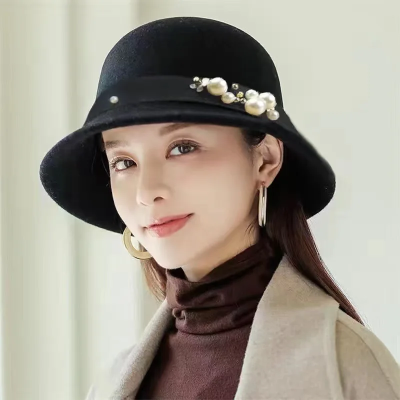 Vintage Elegant Women Fedora Warm Autumn Bucket Hat for Ladies Solid Color Winter Wool Felt Wide-brim Fedoras Female Jazz Caps