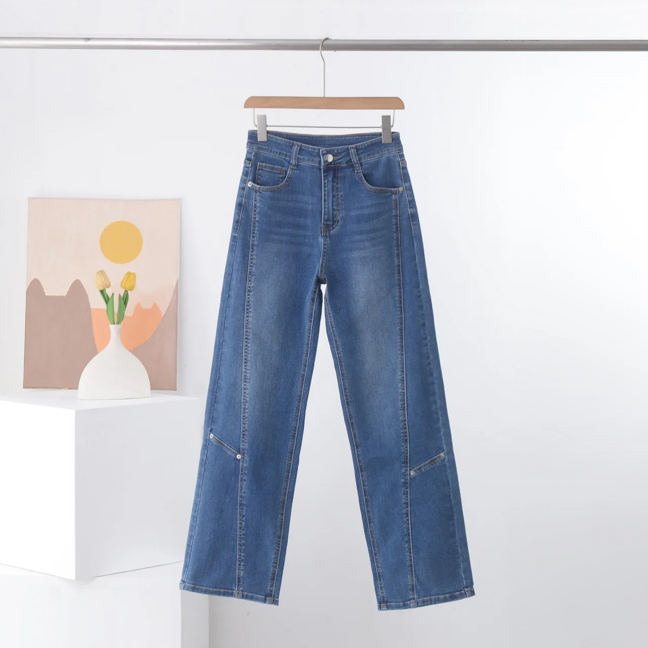 

Autumn Women Rivet Jeans High Waist Blue Straight Leg Splicing Denim Pants French Casual Fashion Female Commute Chic Trousers