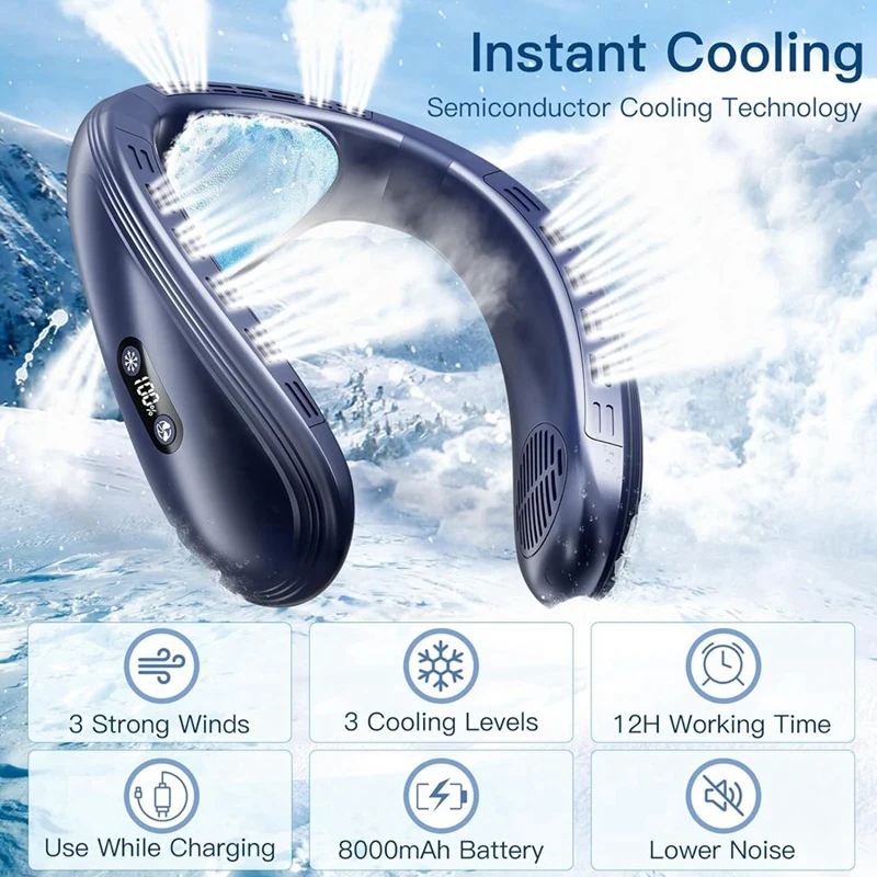 Ar condicionado pescoço, ventilador de corpo inteiro, recarregável, 8000mAh