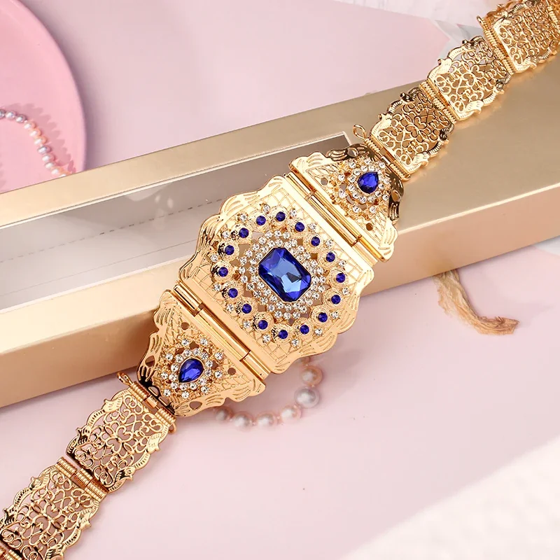 Royal Bule Stone Bridal Jewelry Set Gold Plated Moroccan Caftan Wedding Jewelry Handmade Ethnic Women Accessory Mother Gift