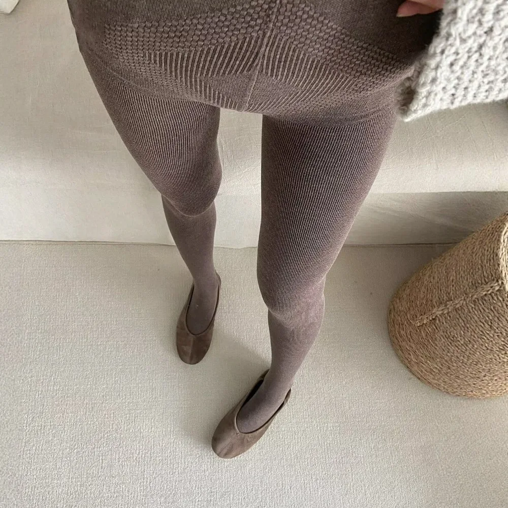Japanese Tea Brown Tights for Women Fall High Waist Tummy Control Ribbed Legging  Stretchy Slimming Lazy Chic Pants for Girl