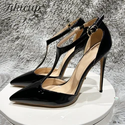 Tikicup Summer Women T-Strap Pointy Toe High Heel Shoes Solid Glossy Black Sexy Ladies Formal Dress Stiletto Pumps Customizable