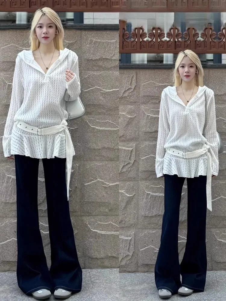 

White Hollow Out Knitted Top Women's Spring Summer Mid-length Sleeveless Hoodie Design Loose Fit Long Sleeve Sweatshirt Dress