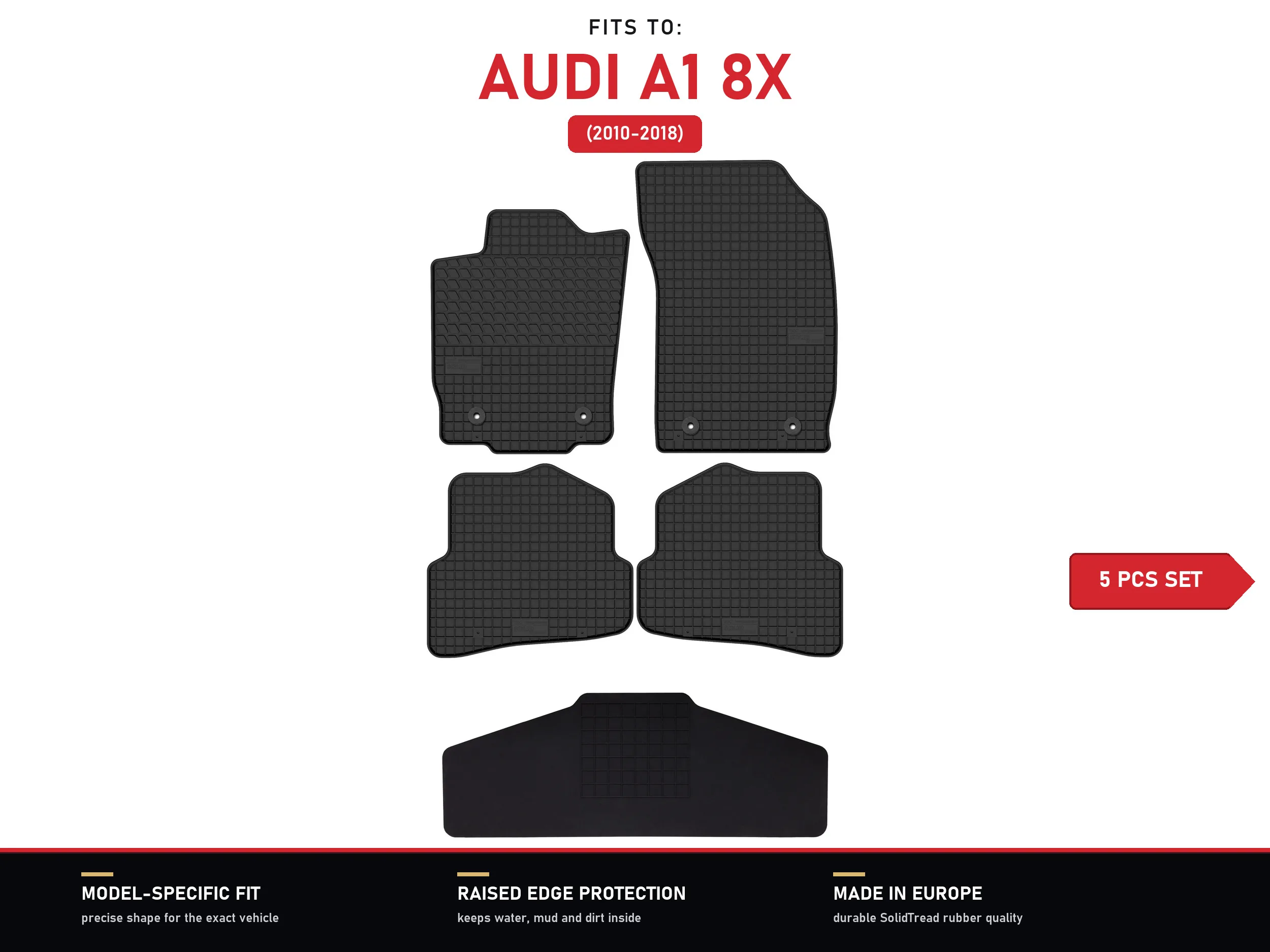Tapis en caoutchouc pour tunnel de passage : Audi A1 8X 2010-2018 5 pièces