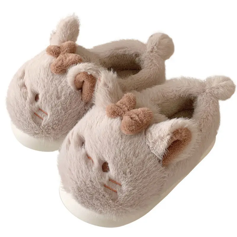 Home slippers winter for women cute kitty fluffy shoes warm slip-on fur clogs girls lovely cat slipper with bow-tie