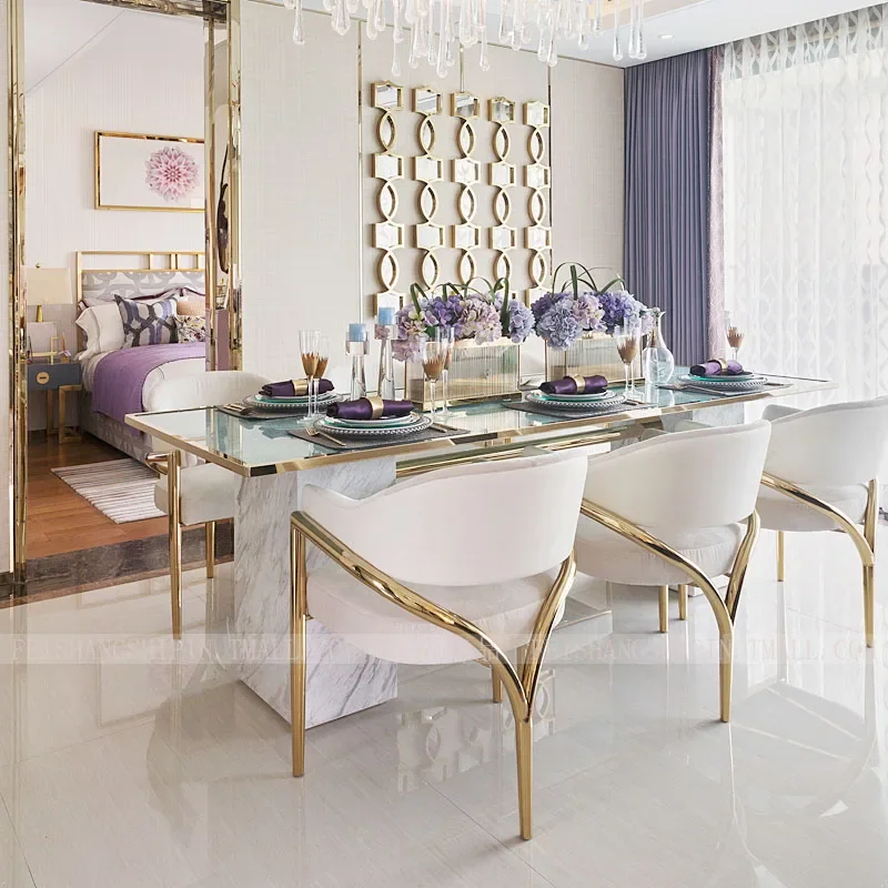 

Легкий роскошный стеклянный обеденный стол и стул. Роскошный обеденный стол из каменной каменной плиты. 2024, новый современный мраморный обеденный стол на шесть человек.