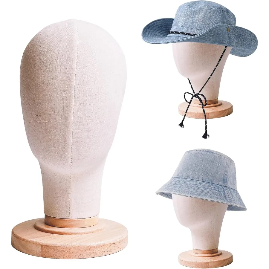 

21-дюймовая подставка для головы манекена для демонстрации парика и шляпы: льняной держатель для парика с холщовым куполом и съемной деревянной основой, идеально подходит для стиля