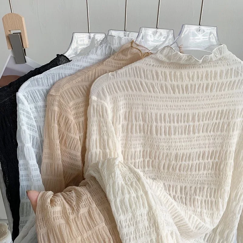 

2025 New Y2K Elegant Lace Sheer Mesh T-Shirt Women's High Neck Long Sleeve Transparent Base Layer Tee Sexy Casual Innerwear Tops