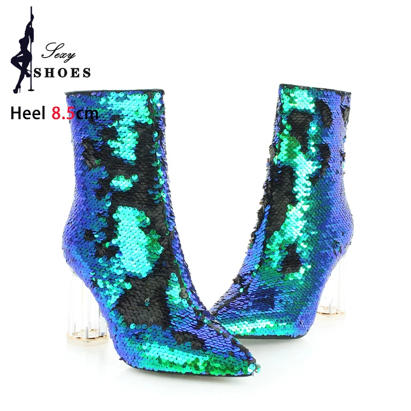 Glitter Ankle Boots For Women Pointy High Heels Autumn Winter Stage Show Sequins Lady Shoes Transparent Crystal Heel Short Boots