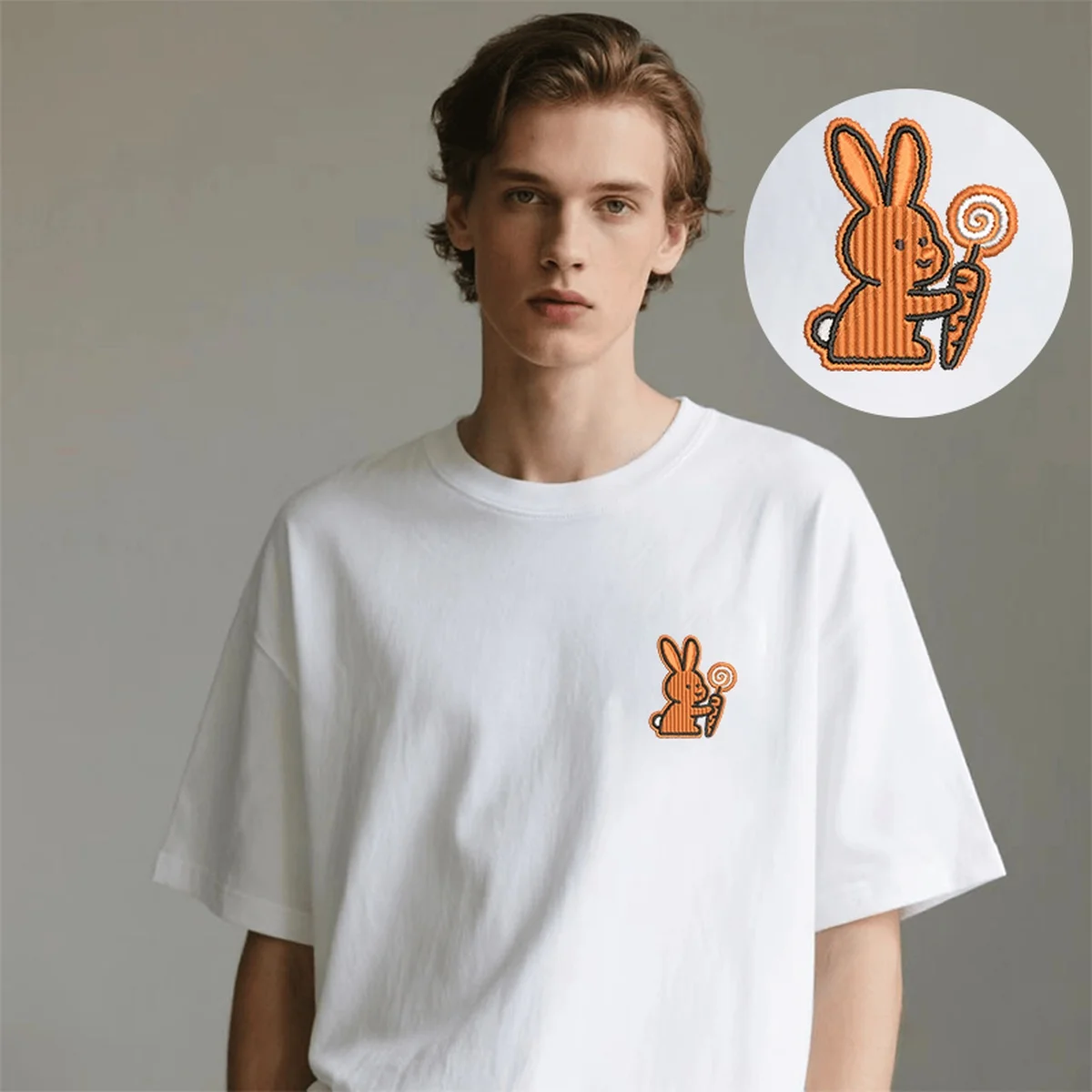 

Men Women Adorable Bunny Lollipop Embroidery Luxury Cotton T-Shirt - Cute Embroidered Top Tees for Daily Fun T-Shirts