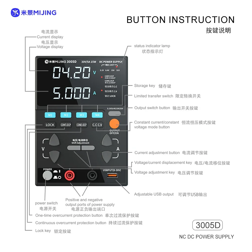 MIJING 3005D NC DC Power Supply 31V/5A Max Output USB Fast Charging Adjustable Voltage Regulator Bench Switching Power Supply