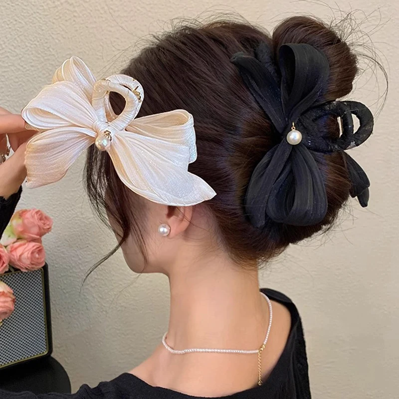 

Elegance Fashion Bowknot Hair Clip For Women Girls Simple Pearl Hair Claw Large Hairpin Shark Clip Hair Accessories Gifts