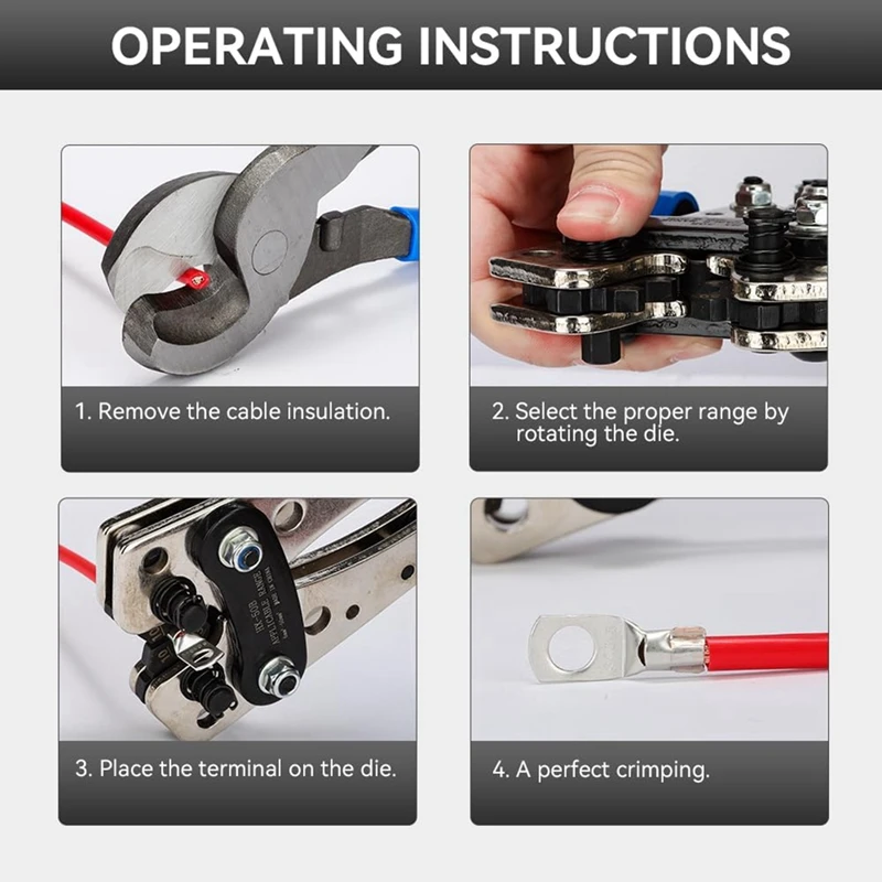 Battery Cable Crimping Tool Parts Kit For AWG 10-1 Copper Ring Lug With Cable Cutter, Heavy Duty Crimper For Wire Lugs HX-50B