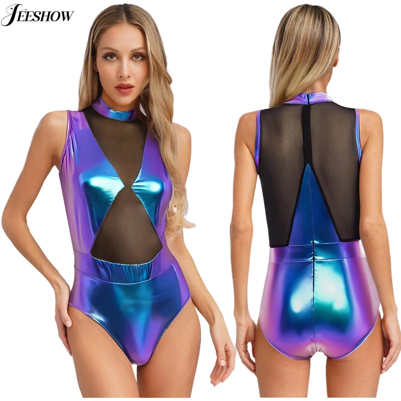 

Женское блестящее боди без рукавов цвета металлик, прозрачная сетка в стиле пэчворк, молния сзади, купальник с высоким вырезом, Клубная одежда для танцев на пилоне