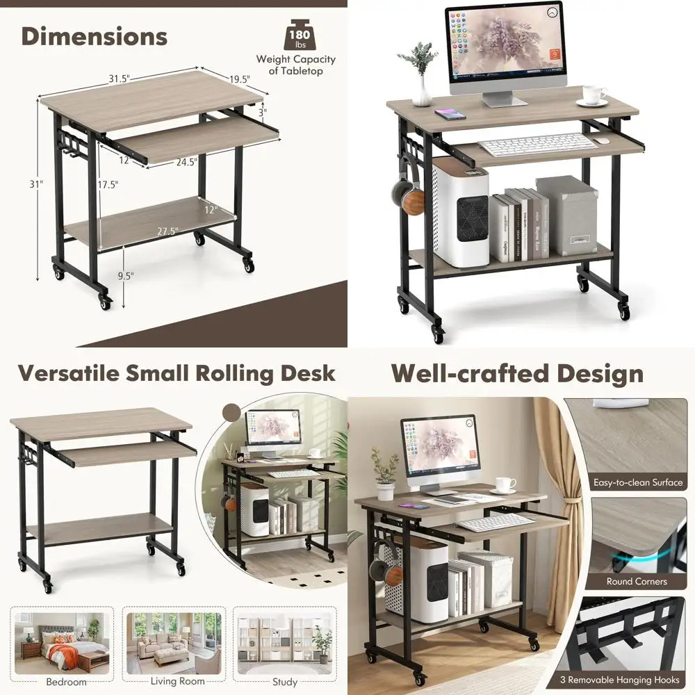

Portable Rolling Laptop Desk with Keyboard Tray and Storage Hooks, Compact Mobile Desk for Small Spaces (Grey)