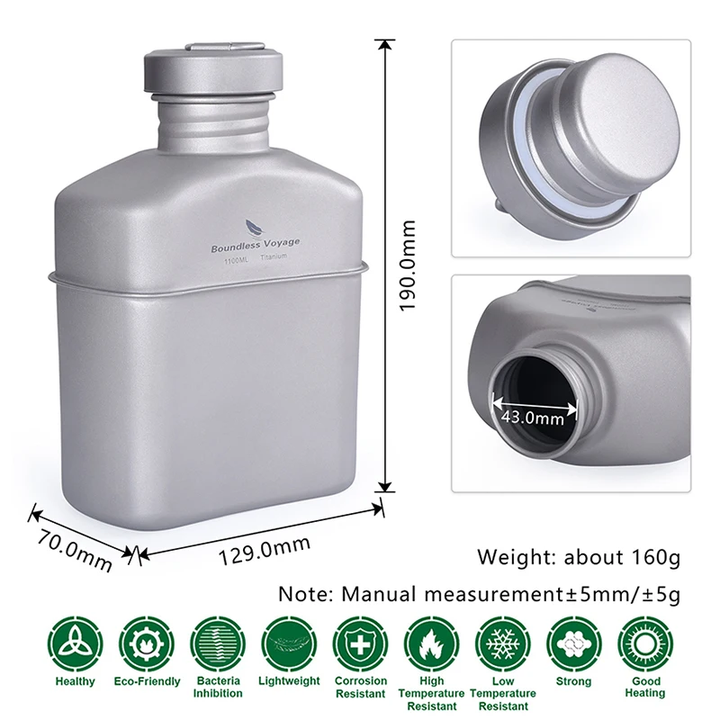 Boundless Voyage Titanium Military Canteen, Lightweight Outdoor Camping Drinkware Water Boiler Bottle, Big Capacity 1100ml