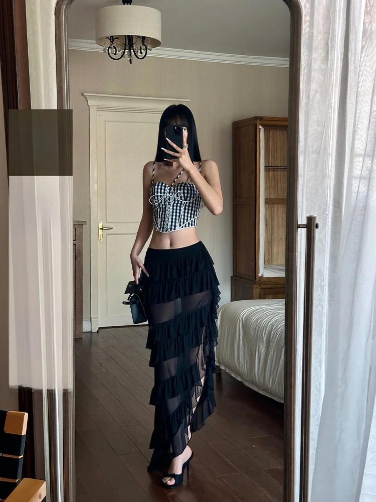 

Юбка Venuii Bla с кружевной отделкой, асимметричным подолом, прямая, многоярусная, длинная, сексуальная, со средней талией, из полиэфирного волокна