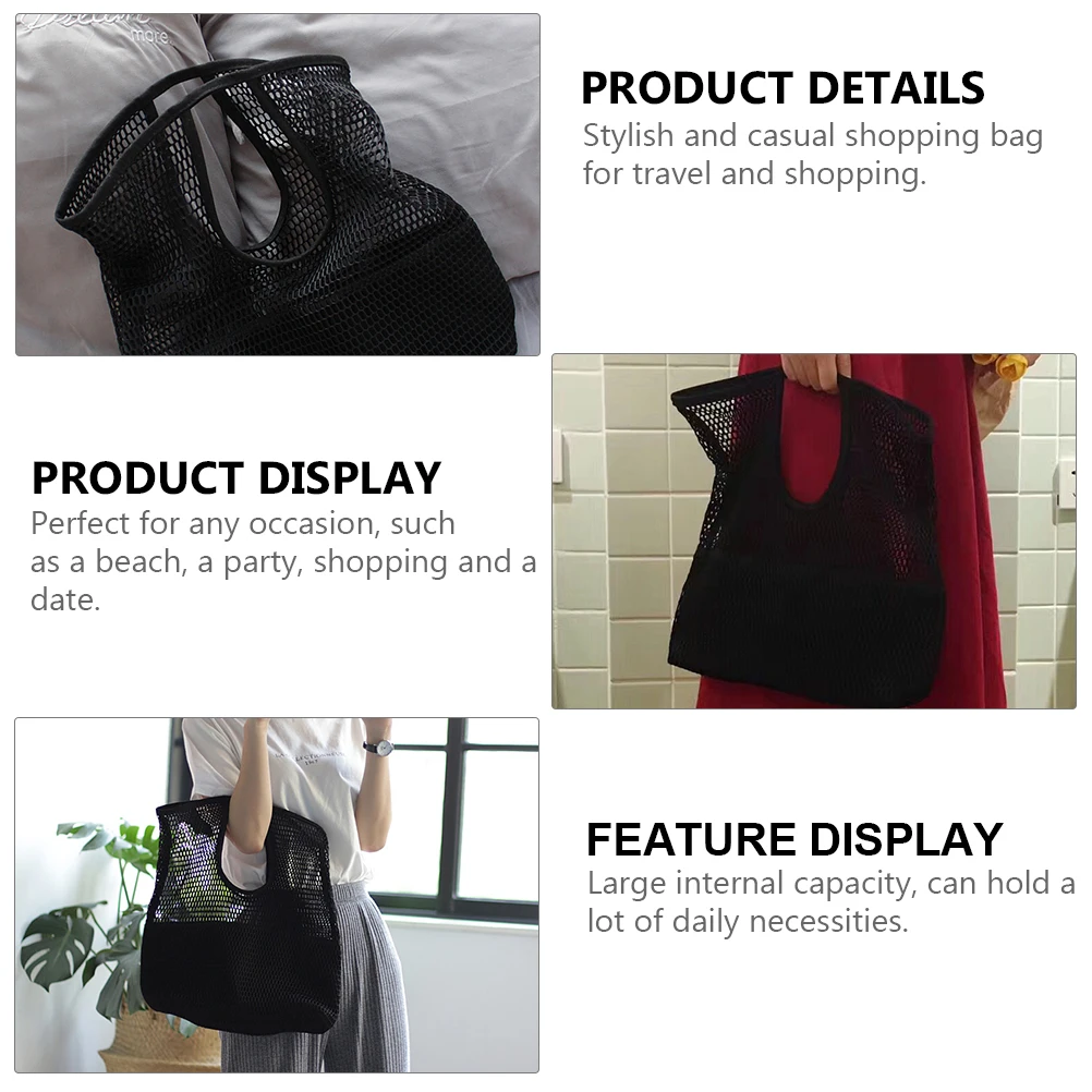 

1pc Mesh Design High Capacity Portable Storage Bag Beach Tote Pouch Foldable Shopping Bag For Travel Party Date Large Internal