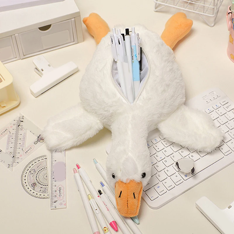 Cartoon White Goose Plush Pen Bag Funny Student Animal Pencil Cases Fashion Stationery Storage Bag Cute Pencil Pouch Gifts