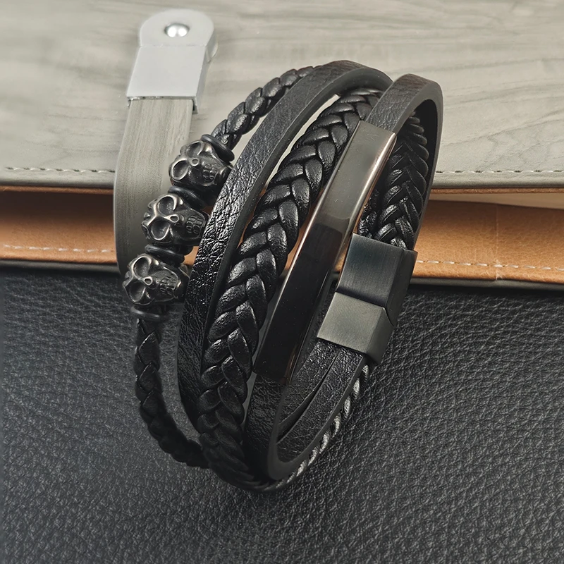 

Trendy Multilayered Woven Bracelet Featuring Ghost Head Design Made of Durable Stainless Steel with Easytouse Magnet Closure