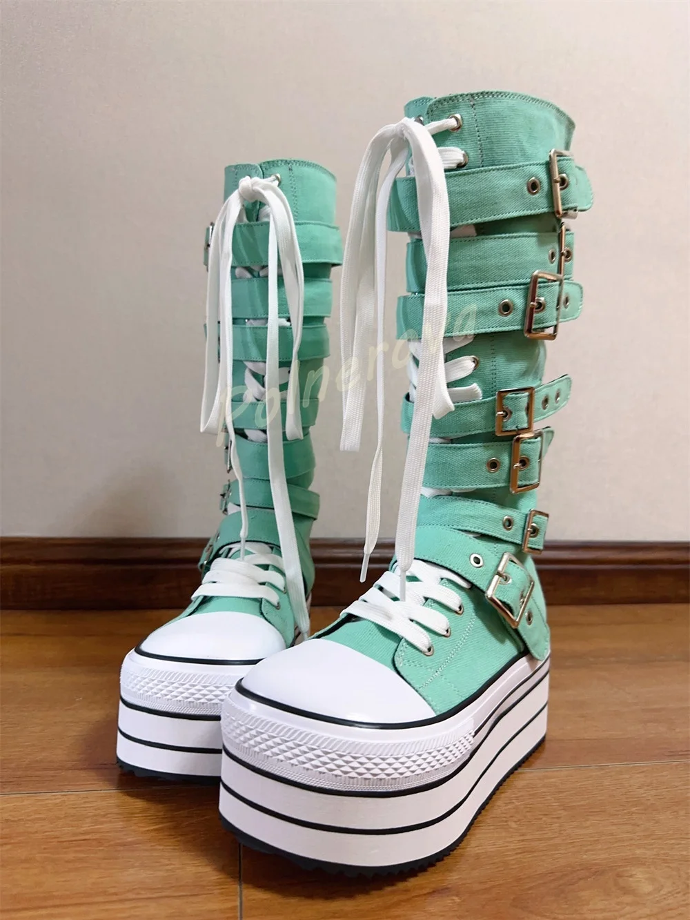 Mint Green Canvas Knee High Boots Platform Multi Buckle Strap Lace Up Goth Punk Shoes Women Thick Sole High Top Leisure Boots