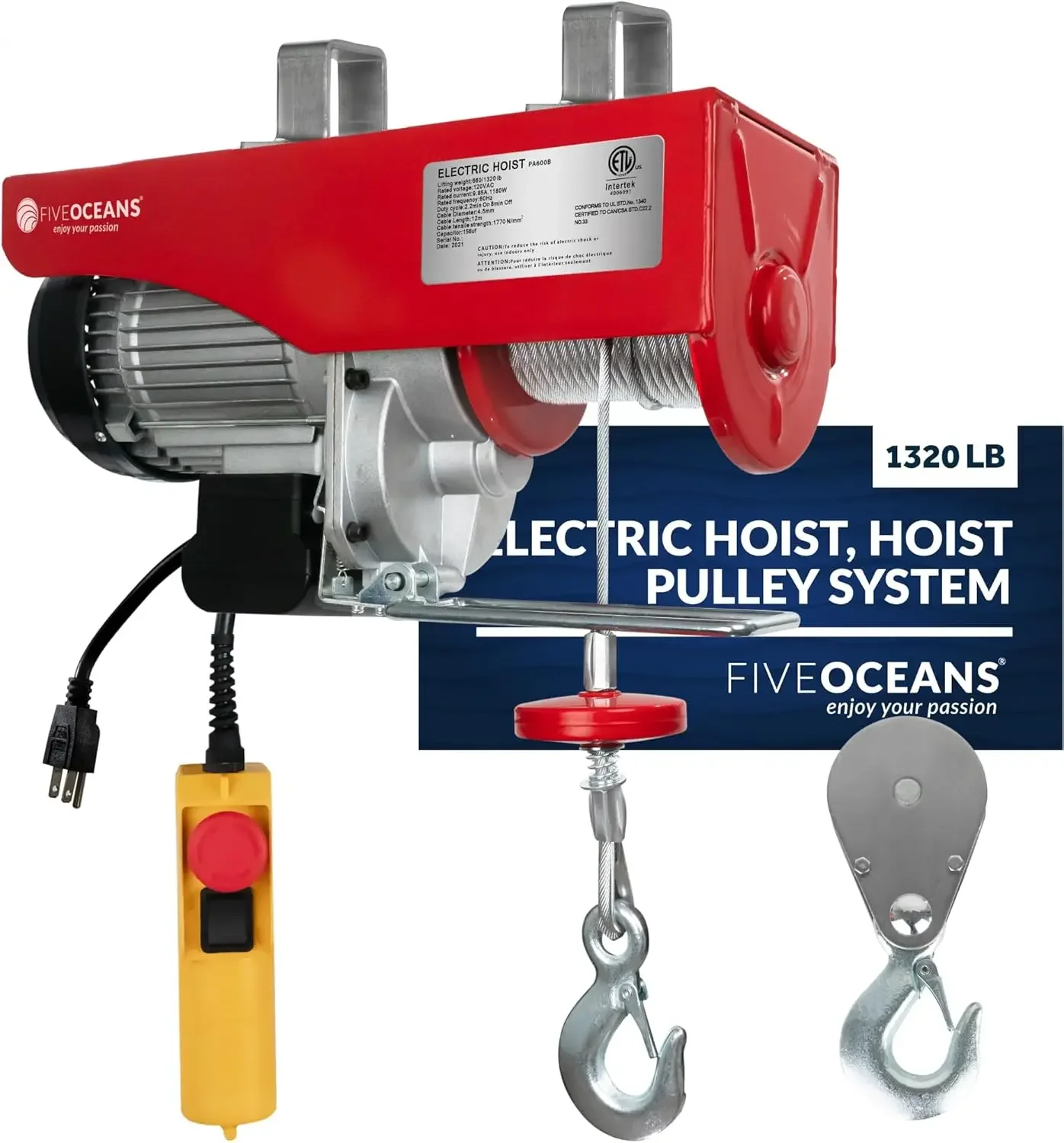 Oceans Electric Hoist, Hoist Pulley System, Pulley Hoist, 1320 Lb Electric Winch with 20FT Remote Control 120 Volts, for Ga