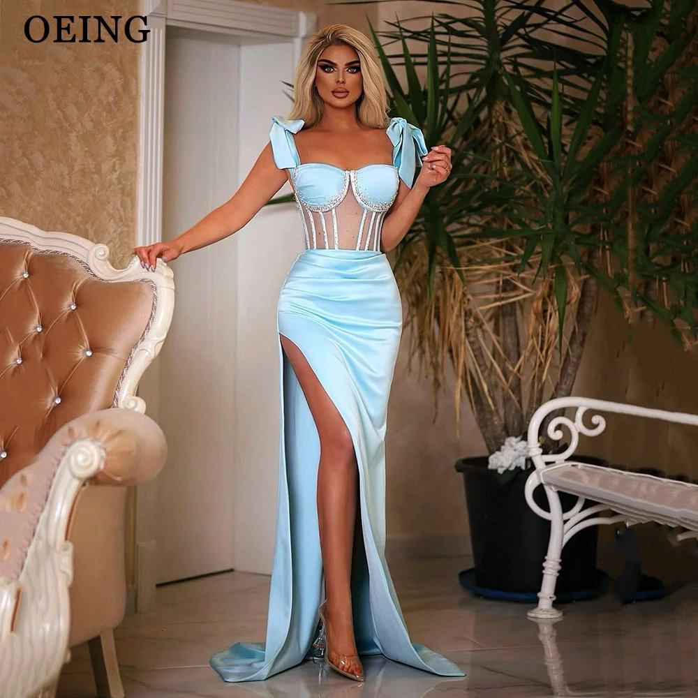 

OEING Sky Blue Prom Dress Sexy Sweetheart High Split Bow Straps Evening Dresses Formal Gown Vestidos De Noche فساتين سهرة