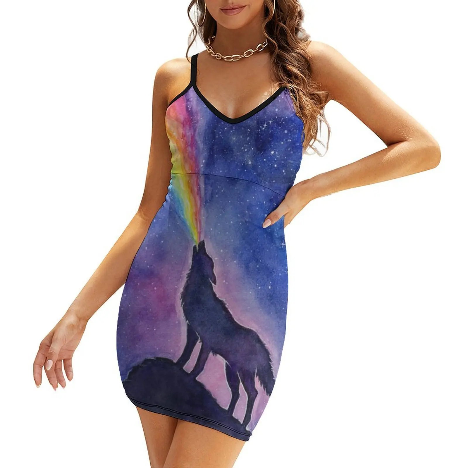 

Wolf Howling Rainbow in Space Sling Dress Summer women's clothing women's summer dress 2025 summer dresses womens 2025