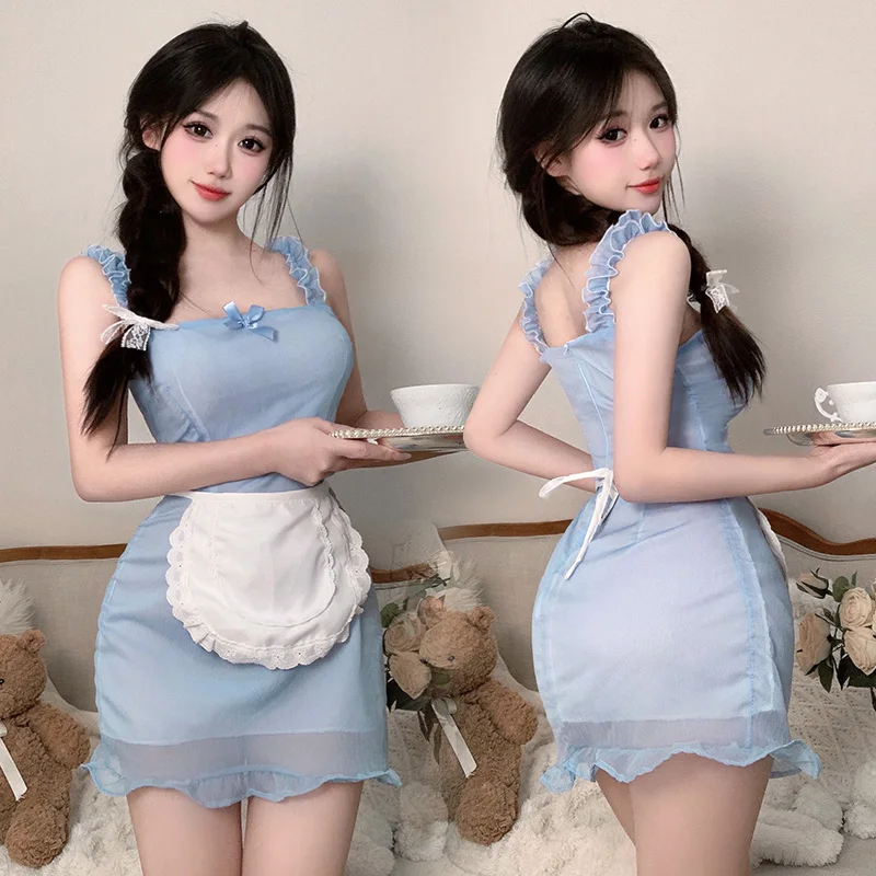 

Light Blue Sheer Maid Costume Women Role Play Outfit Ruffled Strap Apron Bow Dress Lingerie Set Cosplay Halloween Party S-XL