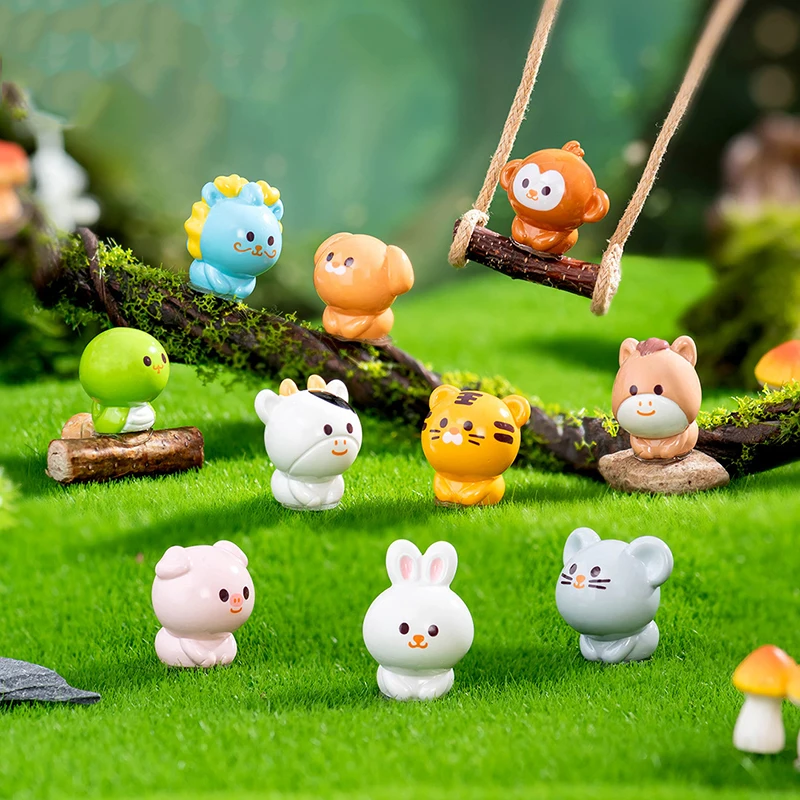 Chinese Zodiac Miniature Figurines Set, Resin Animal Models for Desktop Display, Garden or Miniature Landscape Decor