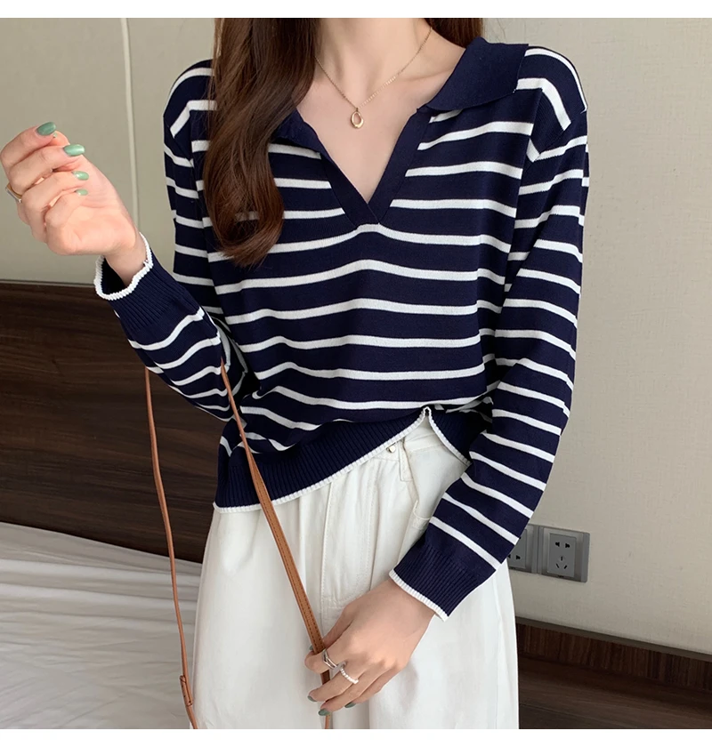 Women Long Sleeve striped all-match Sweater Female Elegant Spring Autumn Casual Tops Korean Style thin Knitted Chic pullovers