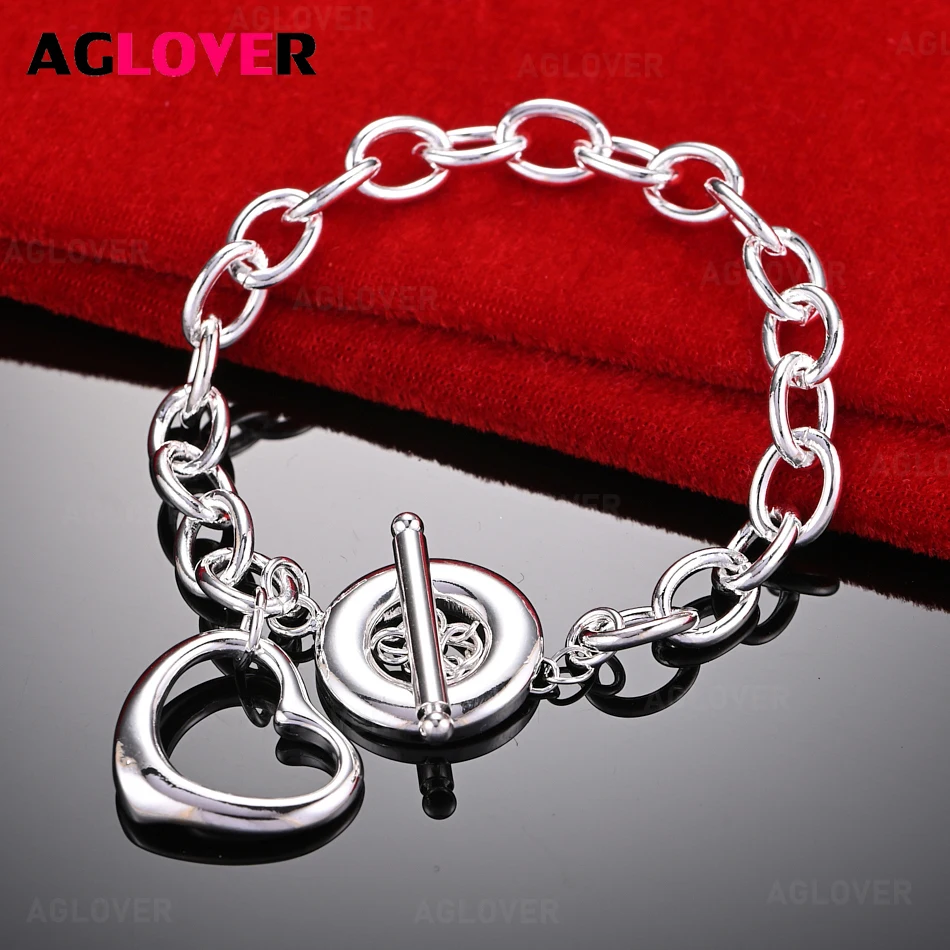 

AGLOVER 925 Sterling Silver Love Ring Pendant Thick Chain OT Buckle Bracelet Women Charm Fashion Holiday Gift Jewelry