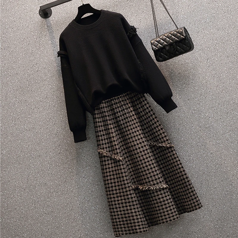 Women\'s Sping Autumn Vintage Chic Sweater Plaid Skirts 1 or Two Piece Dress Set Lady Casaul Black Knit Pullover A-Line Skirt