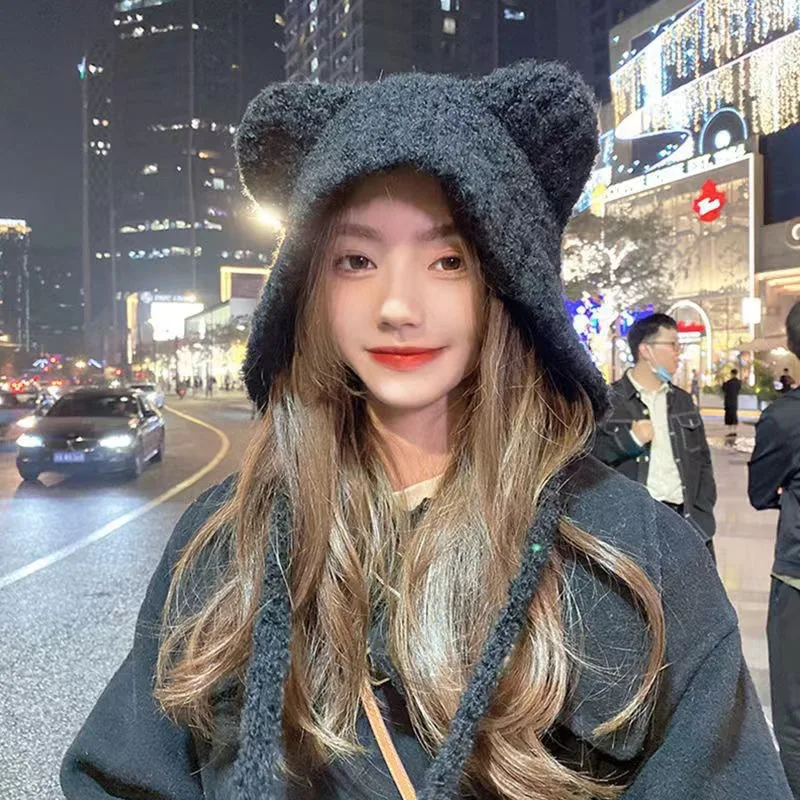 Pulling rope women's hat, autumn and winter cute warm ear protection knitted wool hat, multifunctional headwear hat image 2