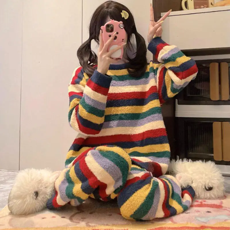 New Product Women Autumnwinter Fashion Soft Comfort Rainbow Striped Pajama Set Long Sleeve Sweet Thickened Warm Home Clothingset