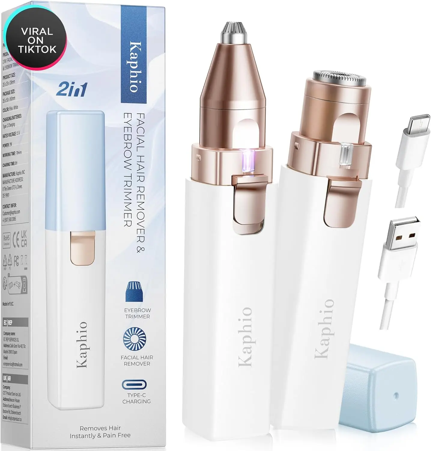 

2-in-1 Electric Hair Removal Device for Women: Rechargeable Trimmer with Light for Chin, Lip, Brows (Blue)
