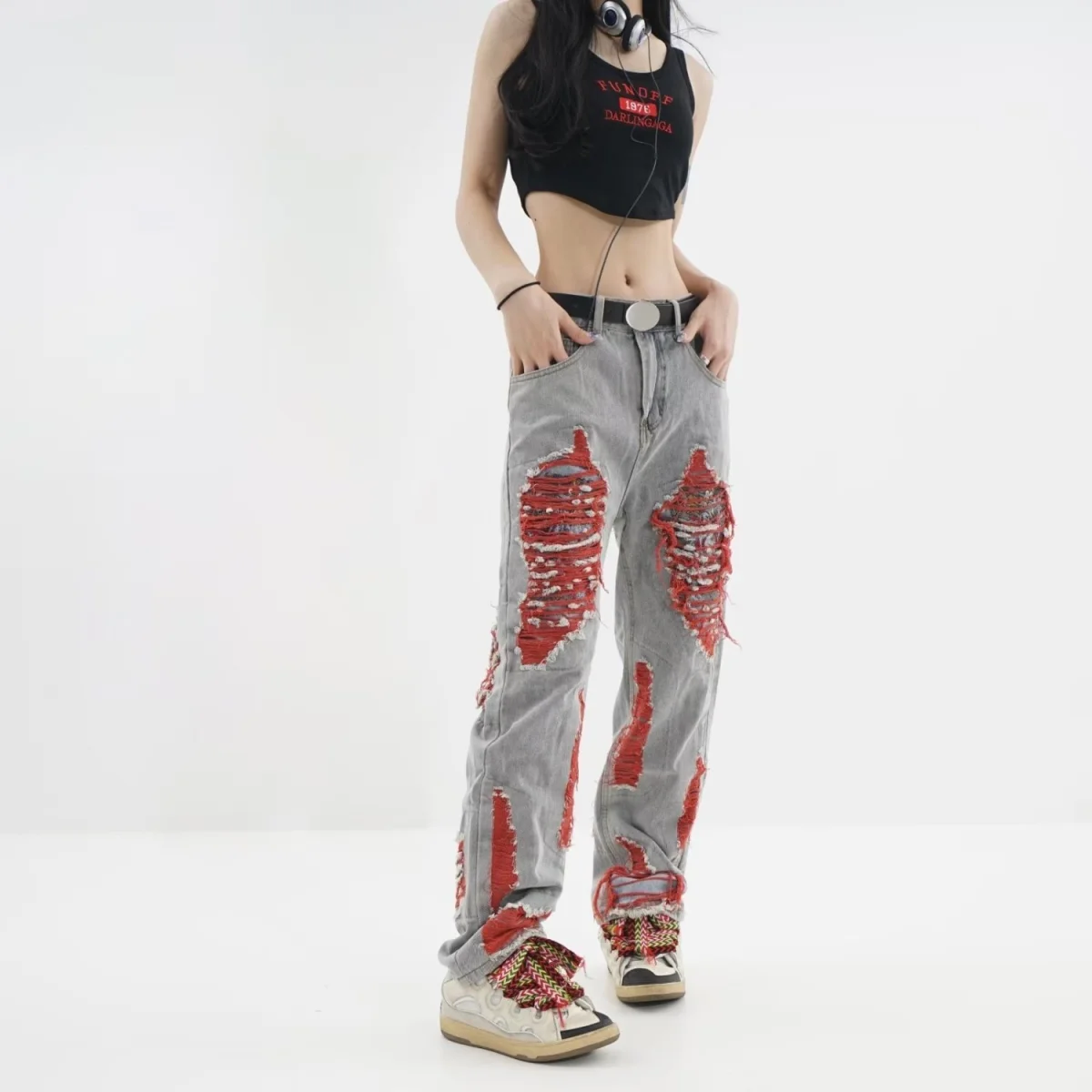 IMU Retro Y2k Baggy Pants red Ripped Jeans Women Streetwear High Waist Gradient Color Fashion Casual Mopping Trousers y2k jeans