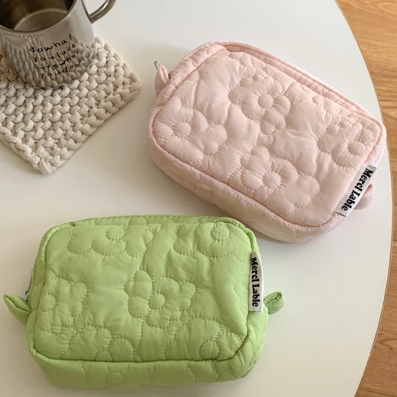 퀼트 플라워 여성용 수납 가방, 단색 여성용 화장품 가방, 플로라 메이크업 케이스, 휴대용 여성용 클러치 지갑 핸드백