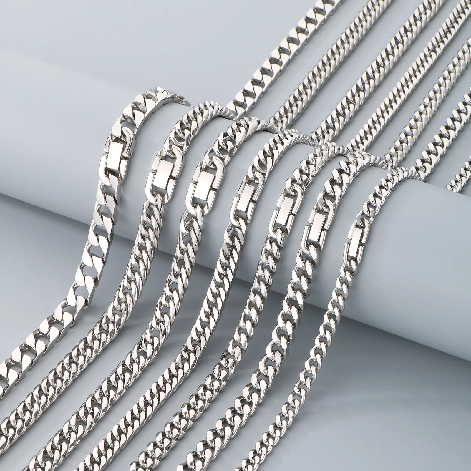 5pcs/lot Wholesale Stainless Steel Cuban Link Chain Necklace Tone Flat Curb Choker Hip Hop Men Women Fashion Jewelry
