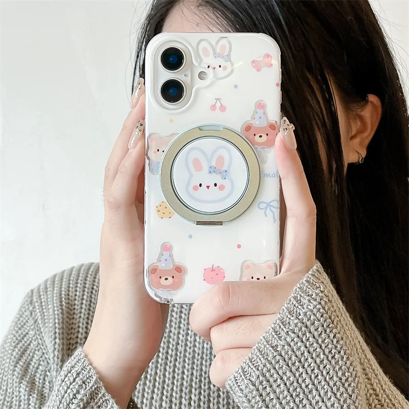 Cute animal party rabbit magnetic bracket phone case For iPhone 13 14 15 16 pro max