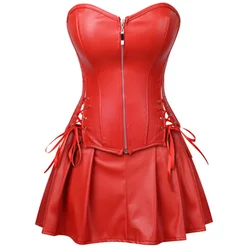 Fashion Women Punk Dresses Zipper Gothic PU Leather Corset Top Mini Skirt 3pcs Set Sexy Ladies Eyelet Lace Up Pleated Dress